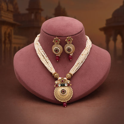 Artistic Gemstone Multi Color Matte Gold Necklace Set Paired With Dangle Earrings