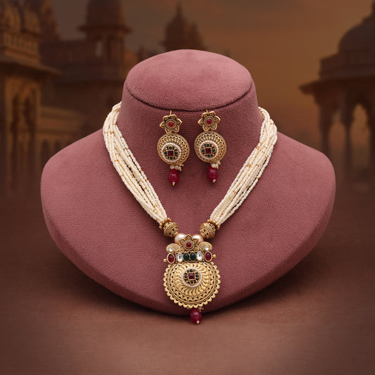 Artistic Gemstone Multi Color Matte Gold Necklace Set Paired With Dangle Earrings
