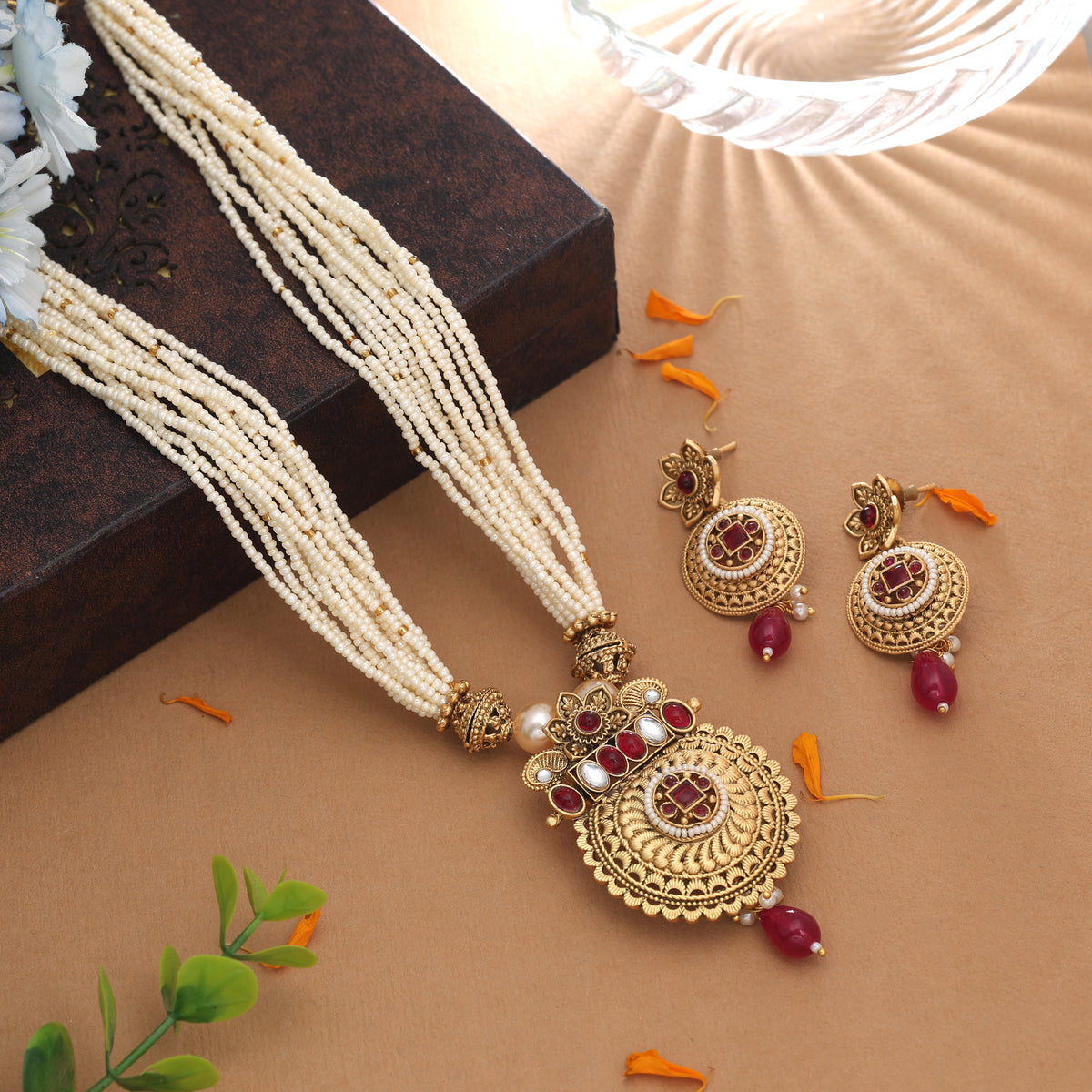 Vibrant Rani Pink Color Matte Gold Necklace Set Paired With Dangle Earrings