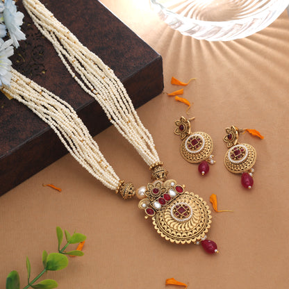Vibrant Rani Pink Color Matte Gold Necklace Set Paired With Dangle Earrings