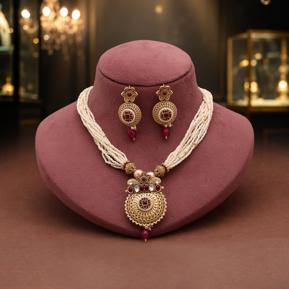 Vibrant Rani Pink Color Matte Gold Necklace Set Paired With Dangle Earrings