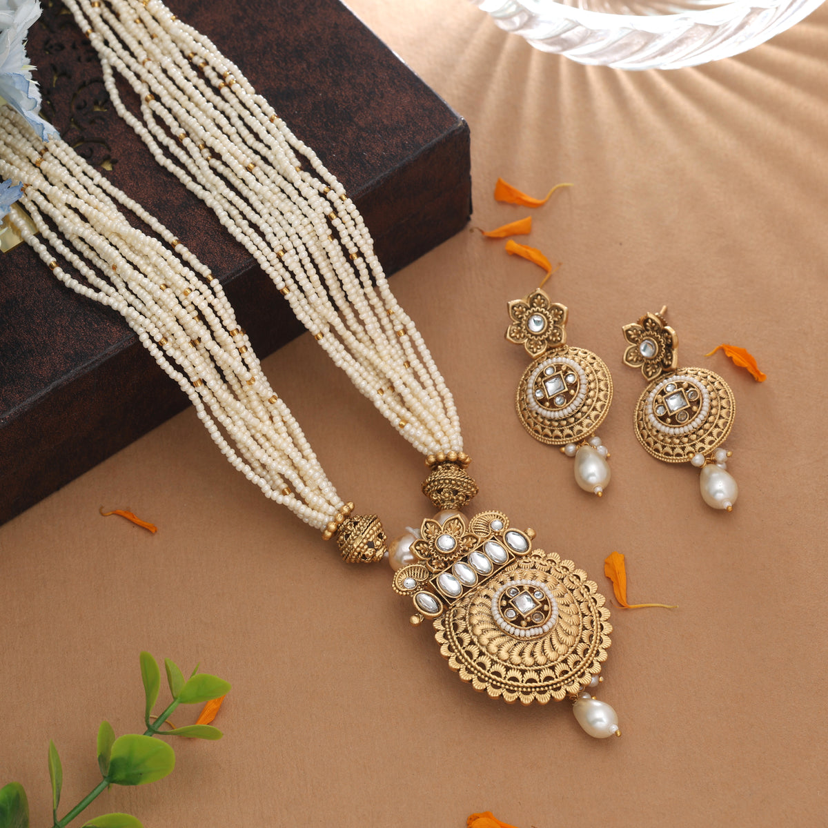 Radiant Opal White Color Matte Gold Necklace Set Paired With Dangle Earrings