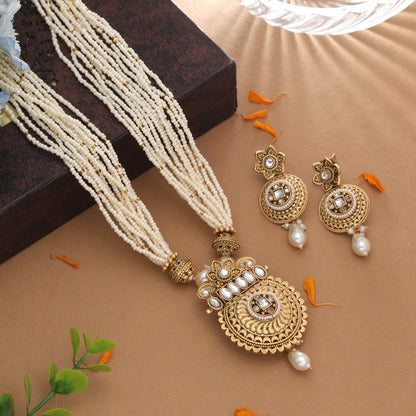 Radiant Opal White Color Matte Gold Necklace Set Paired With Dangle Earrings