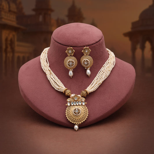 Radiant Opal White Color Matte Gold Necklace Set Paired With Dangle Earrings
