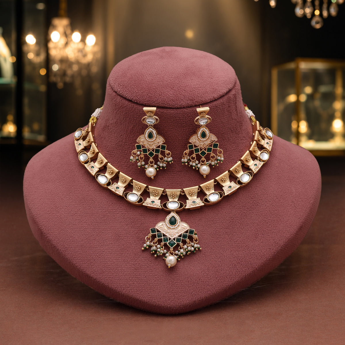 Royal Sheen Green Color Matte Gold Necklace Set Accompanied By Dangle Earrings