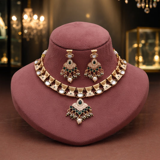Royal Sheen Green Color Matte Gold Necklace Set Accompanied By Dangle Earrings