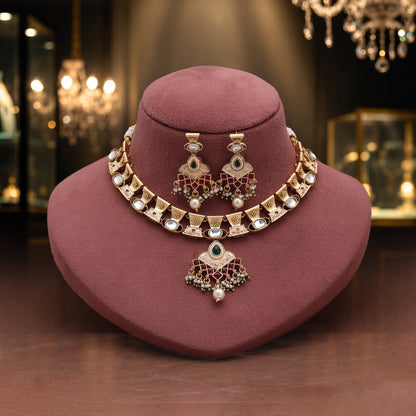 Festive Hot Pink & Green Color Matte Gold Necklace Set With Dangle Earrings