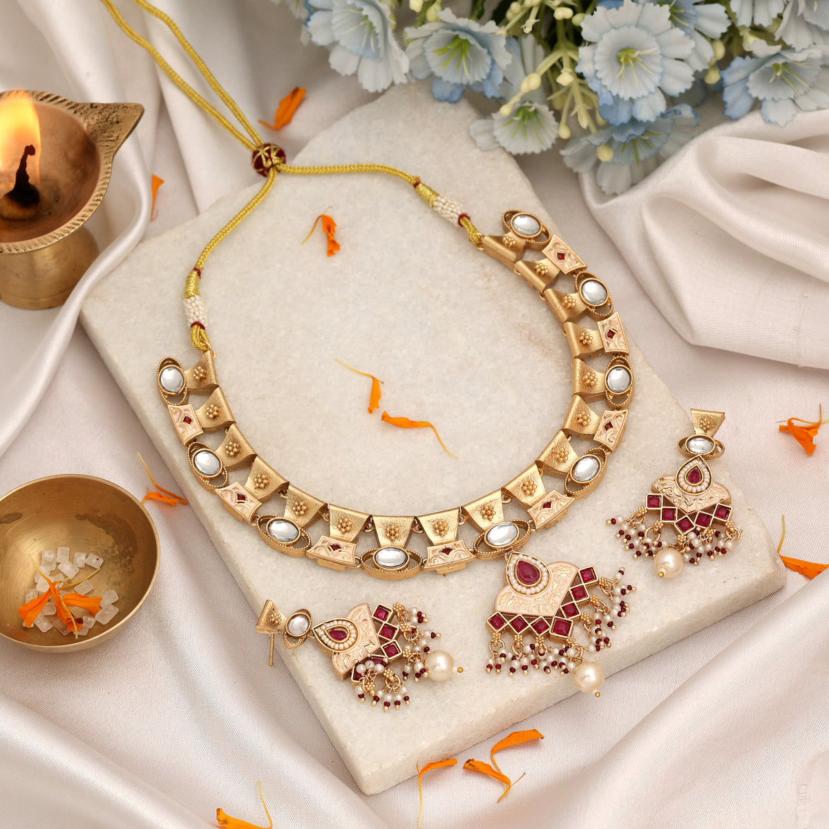Soft Blush Pink Color Matte Gold Necklace Set Accompanied By Dangle Earrings