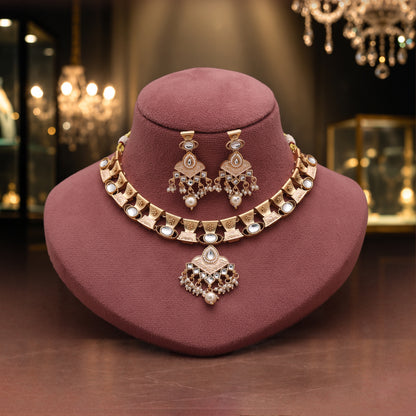 Sparkling Snow White Color Matte Gold Necklace Set Accompanied By Dangle Earrings