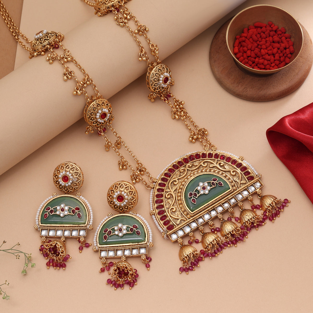 Traditional Rani Color Matte Gold Necklace Set Crafted For Bridal Wedding Ceremonies
