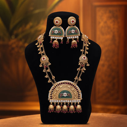 Traditional Rani Color Matte Gold Necklace Set Crafted For Bridal Wedding Ceremonies