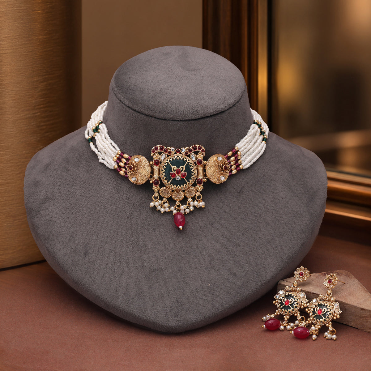 Pretty Rose Pink Color Matte Gold Necklace Set Styled For Sangeet Celebrations