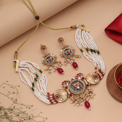 Pretty Rose Pink Color Matte Gold Necklace Set Styled For Sangeet Celebrations