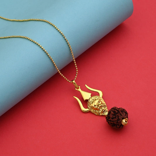 Traditional Gold Color Trishul Pendant Lord Shiva Rudraksha Mala Chain Necklace