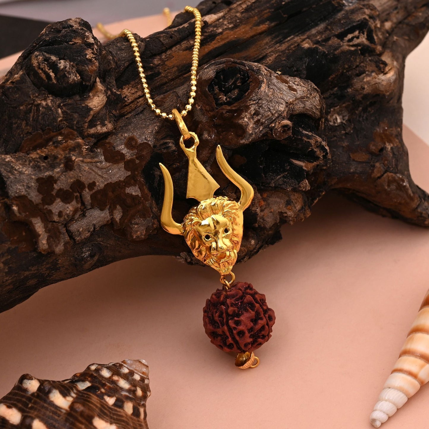 Traditional Gold Color Trishul Pendant Lord Shiva Rudraksha Mala Chain Necklace