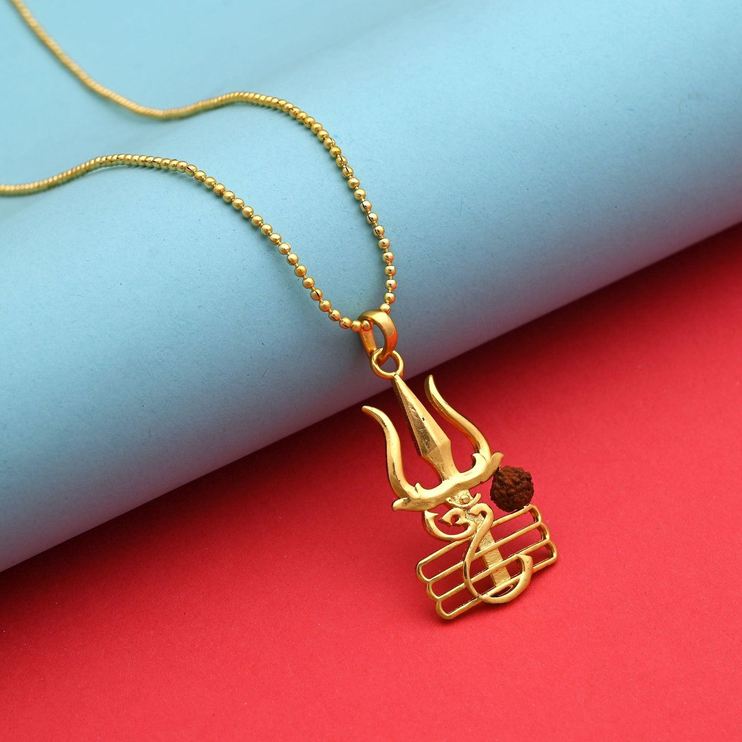 Divine Gold Color Shiva Trishul Symbol Rudraksha Mala Chain Necklace