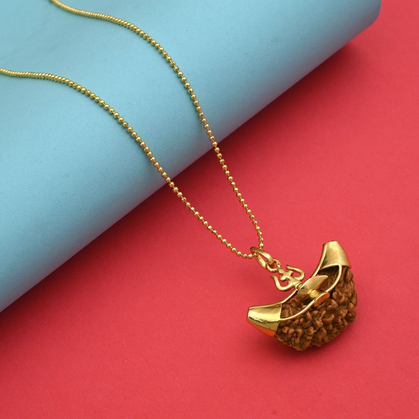 Gold Color Rudraksha Mala Chain Necklace Featuring Lord Shiva’S Trishul Charm