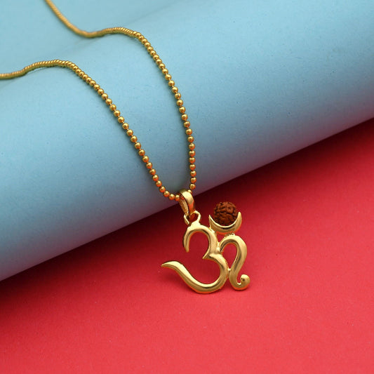 Pure Gold Color Om Emblem Rudraksha Mala Chain Necklace For Meditation