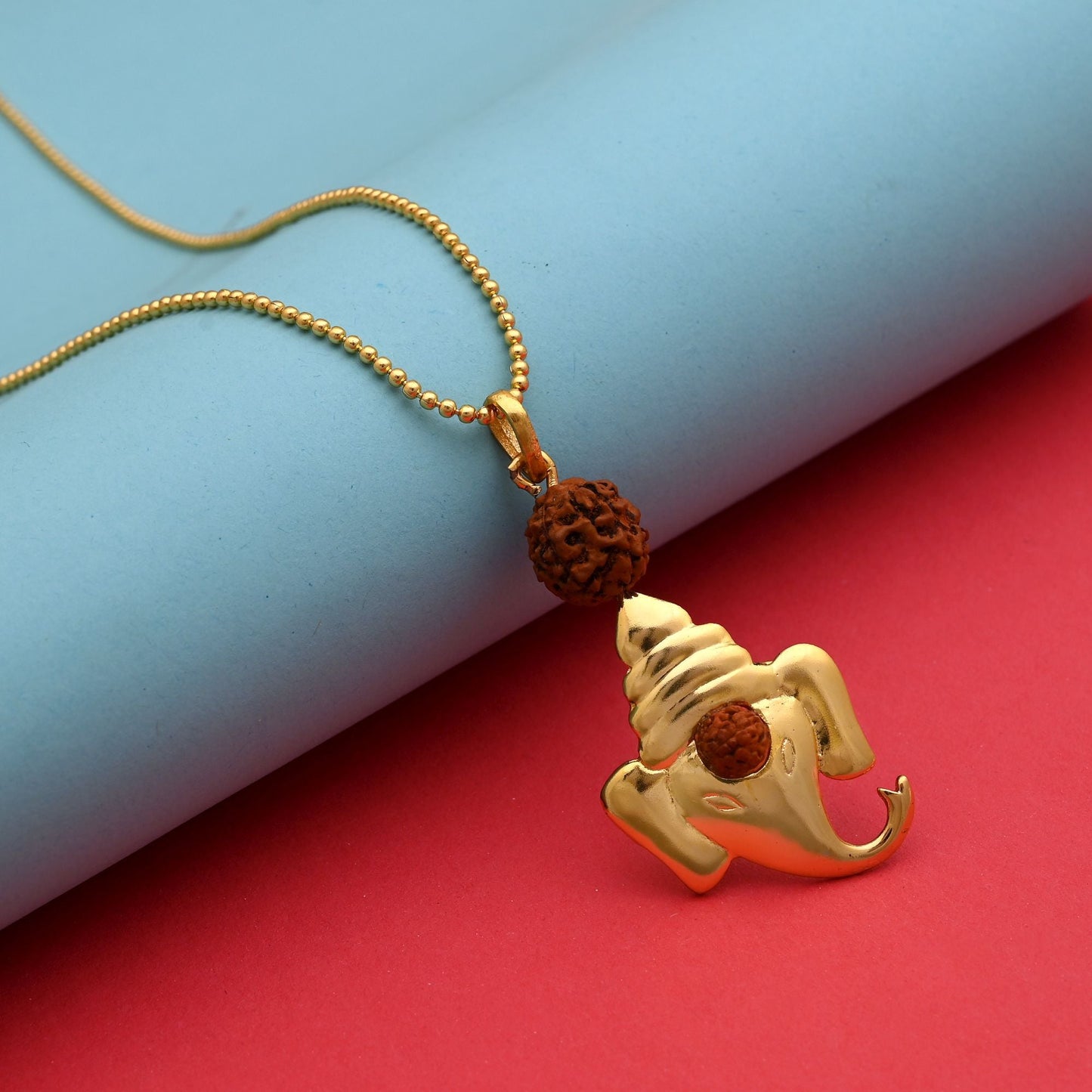 Blessed Gold Color Ganesha Idol Rudraksha Mala Chain Necklace For Protection