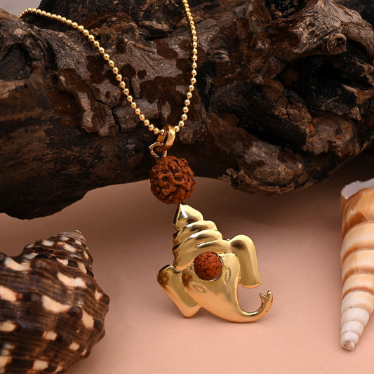 Blessed Gold Color Ganesha Idol Rudraksha Mala Chain Necklace For Protection