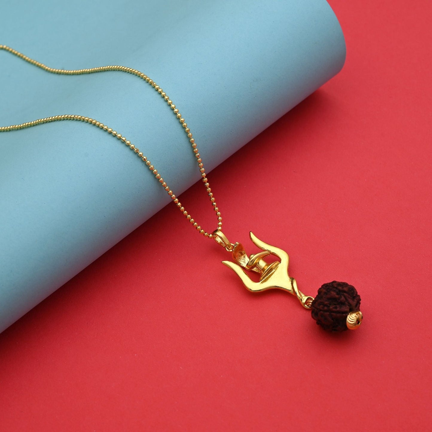 Gold Color Sacred Trishul Shiva Rudraksha Mala Chain Necklace For Men