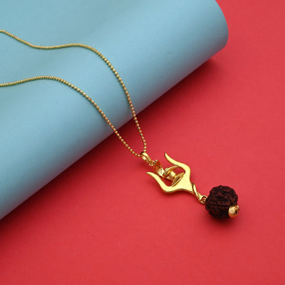 Gold Color Sacred Trishul Shiva Rudraksha Mala Chain Necklace For Men