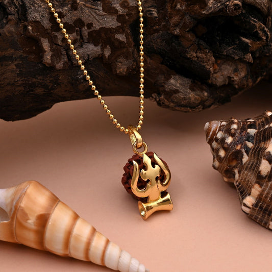 Elegant Gold Color Trishul Shiva Inspired Rudraksha Mala Chain Necklace