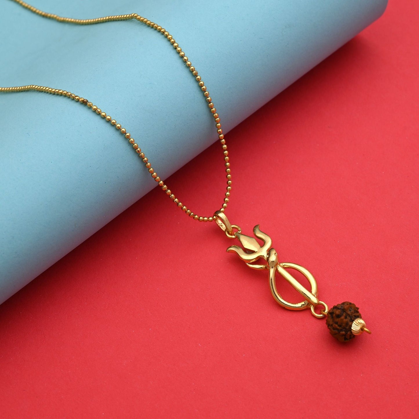 Premium Gold Color Rudraksha Mala Chain Necklace With Lord Shiva Trishul