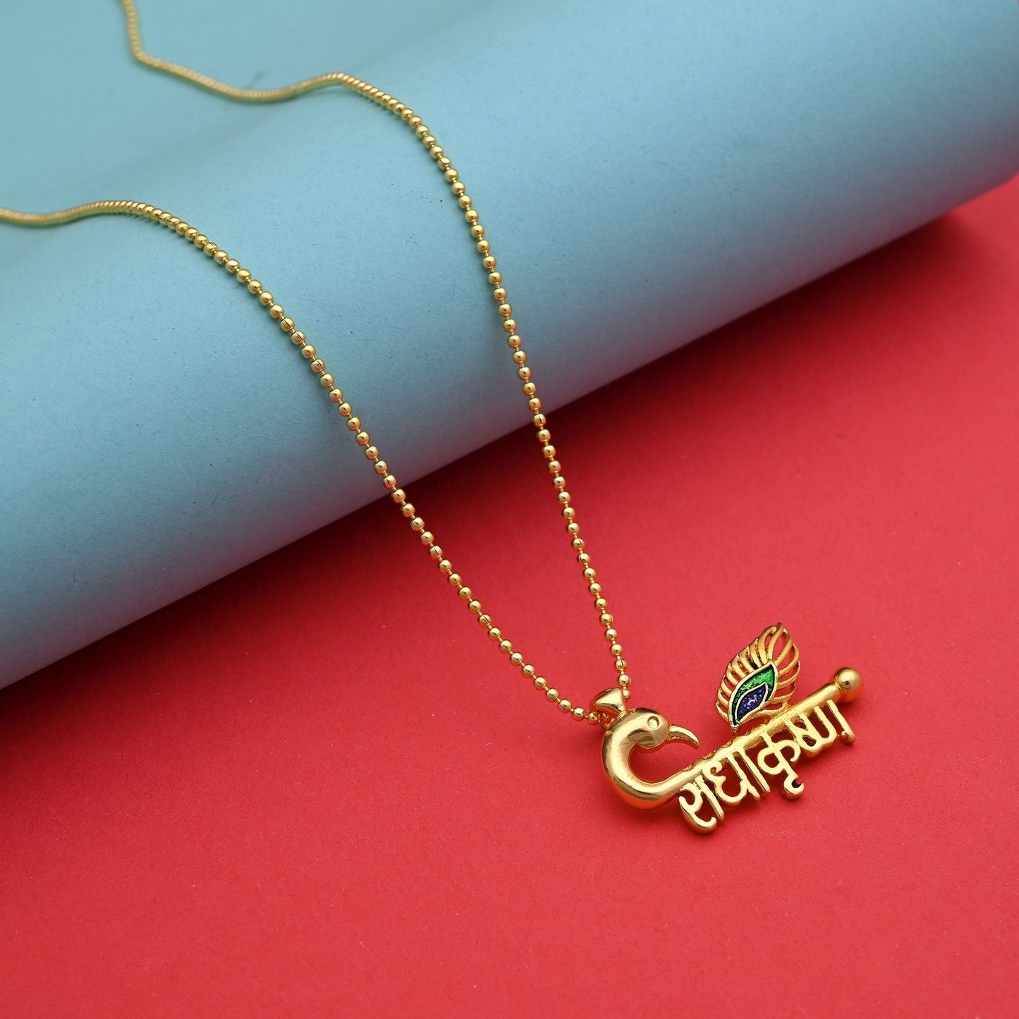 Gold Color Radha Krishna Name Engraved Peacock Rudraksha Mala Chain Necklace