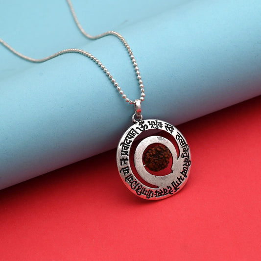 Silver Color Rudraksha Mala Chain Necklace With Gayatri Mantra Pendant Design