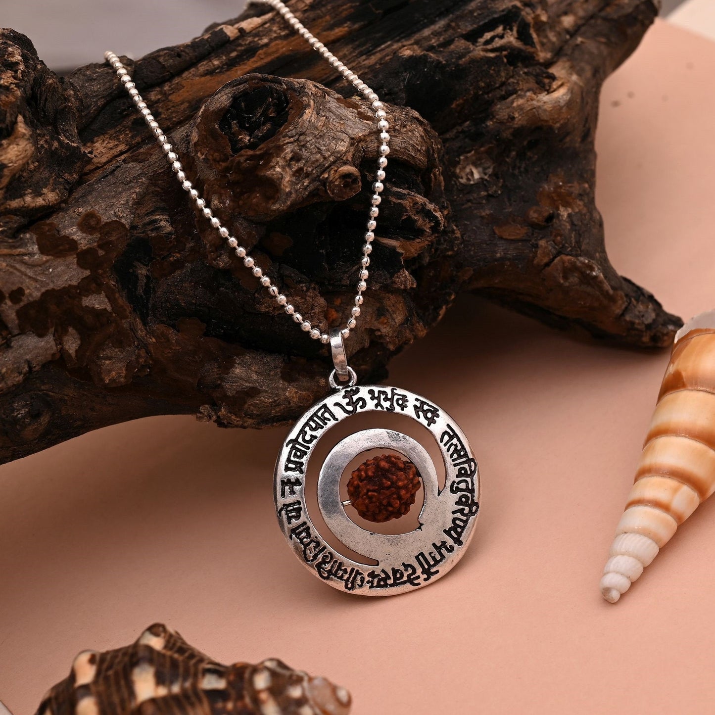 Silver Color Rudraksha Mala Chain Necklace With Gayatri Mantra Pendant Design