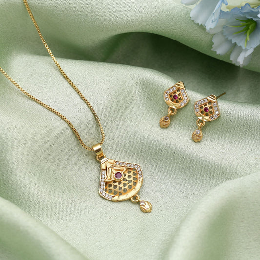 Gold Color Fashion Chain Pendant With Earrings Crafted For Festive Ethnic Wear Occasions