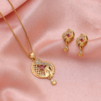 Gold Color Fashion Chain Pendant With Earrings Created For Traditional Outfits And Parties