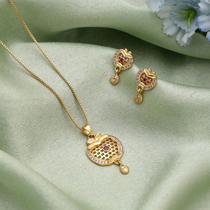 Gold Color Fashion Chain Pendant With Earrings Suitable For Daily Wear And Festive Looks
