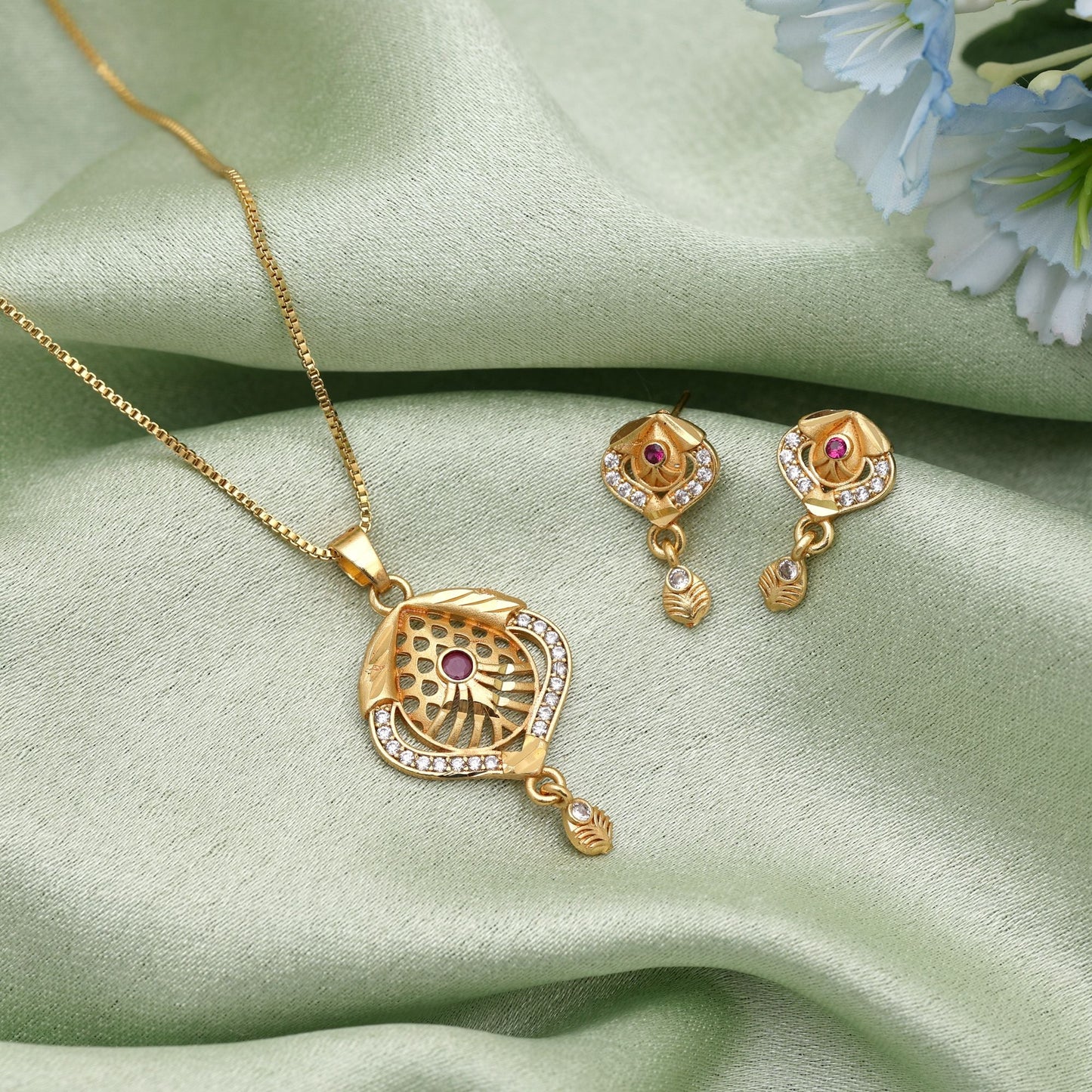 Gold Color Fashion Chain Pendant With Earrings Designed To Enhance Festive Ethnic Attire