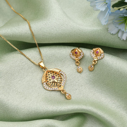 Gold Color Fashion Chain Pendant With Earrings Designed To Enhance Festive Ethnic Attire