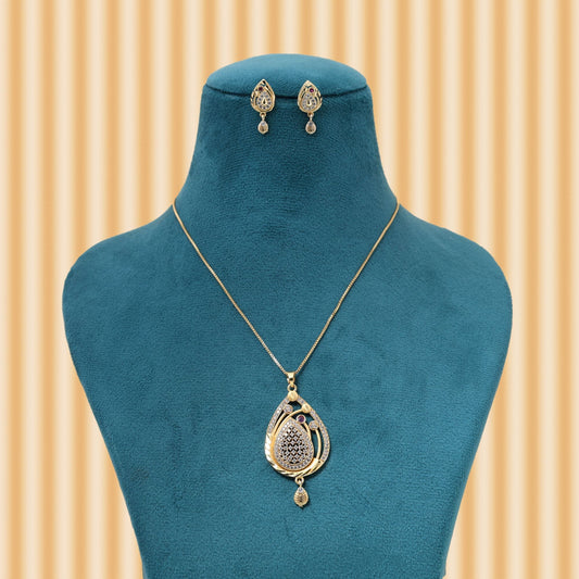 Gold Color Chain Pendant With Earring Crafted With Stylish Detailing For Festive Occasions