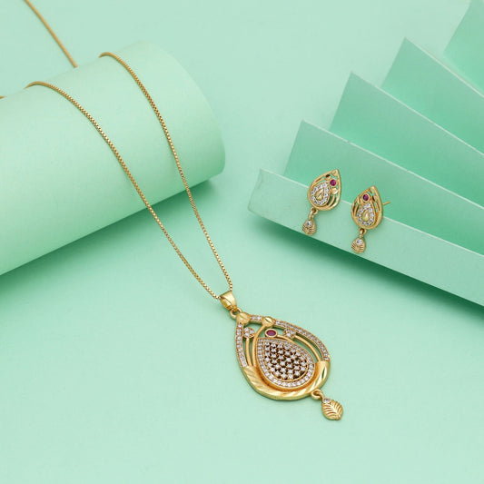 Gold Color Chain Pendant With Earring Crafted With Stylish Detailing For Festive Occasions