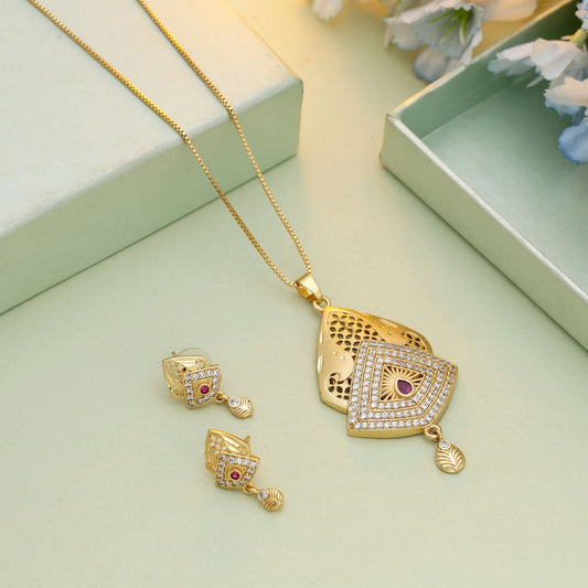 Gold Color Chain Pendant With Earring Offering Classic Charm For Ethnic Fashion Lovers