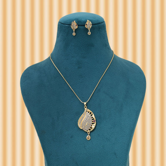 Gold Color Chain Pendant With Earring Featuring Graceful Design For Modern Traditional Outfits