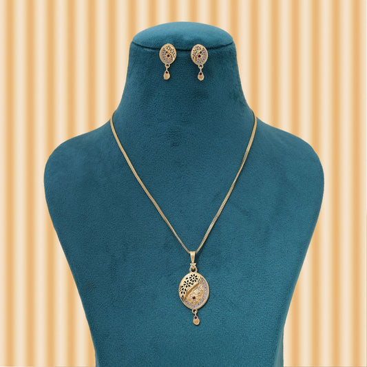 Gold Color Chain Pendant With Earring Offering Sophisticated Shine For Traditional Ensembles