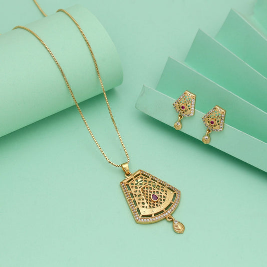Gold Color Chain Pendant With Earring Inspired By Classic Indian Jewelry Aesthetics