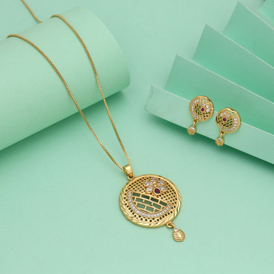 Gold Color Chain Pendant With Earring Designed To Complement Saree And Kurti Outfits