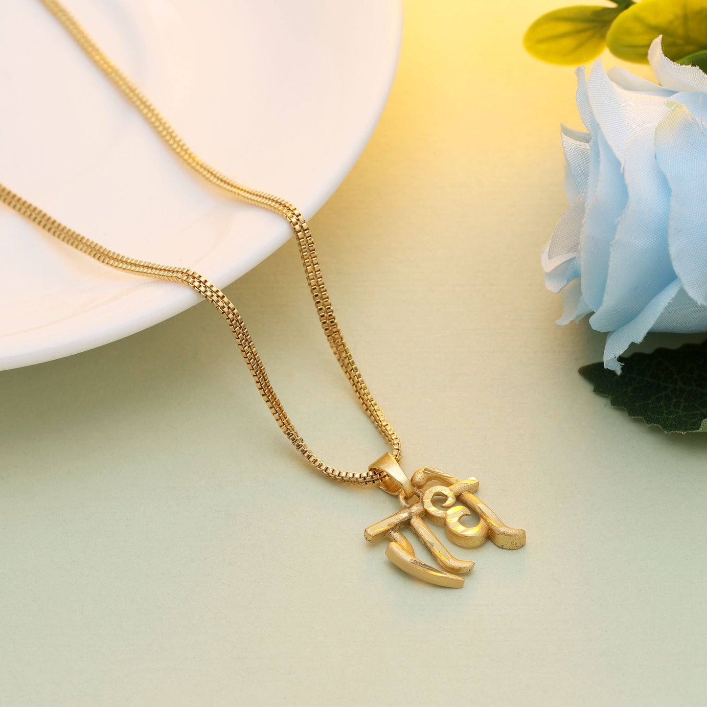 Gold Color Chain Pendant Showcasing Shri Radhe Name For Devotional Fashion