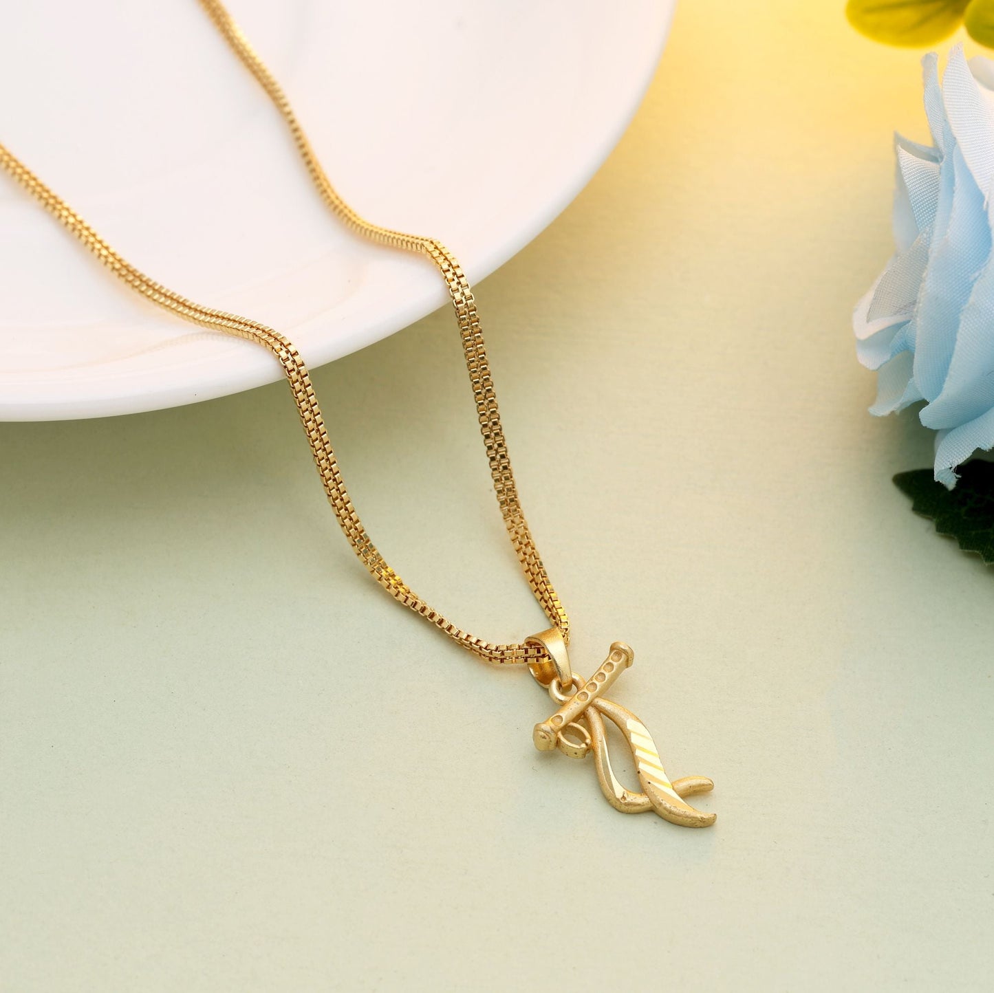 Gold Color Chain Pendant Inspired Shri Krishna Flute Design For Cultural Wear