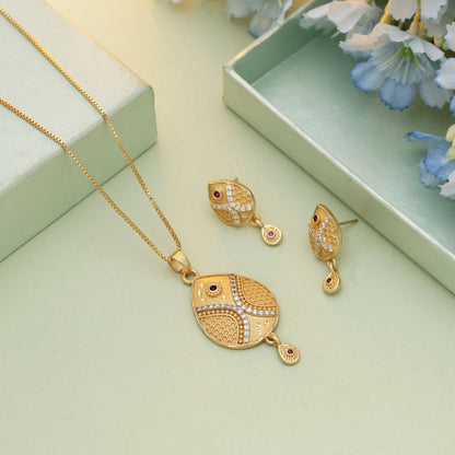 Gold Color Chain Pendant With Earring Designed To Enhance Modern Ethnic Jewelry Looks