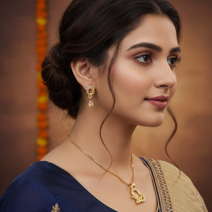 Gold Color Chain Pendant With Earring Suitable For Festive Wedding And Daily Styling