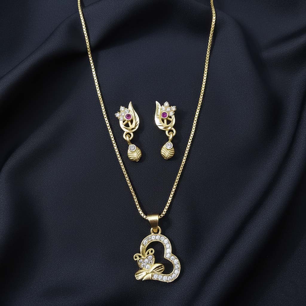 Gold Color Chain Pendant With Earring Suitable For Festive Wedding And Daily Styling