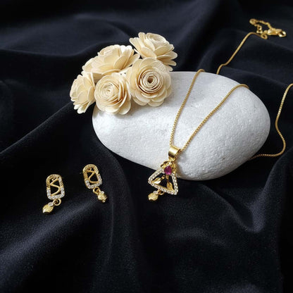 Gold Color Chain Pendant With Earring Crafted For Cultural Celebrations And Functions