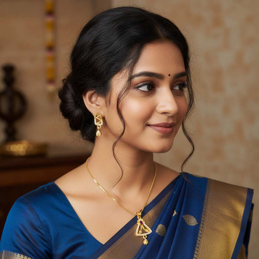 Gold Color Chain Pendant With Earring Crafted For Cultural Celebrations And Functions